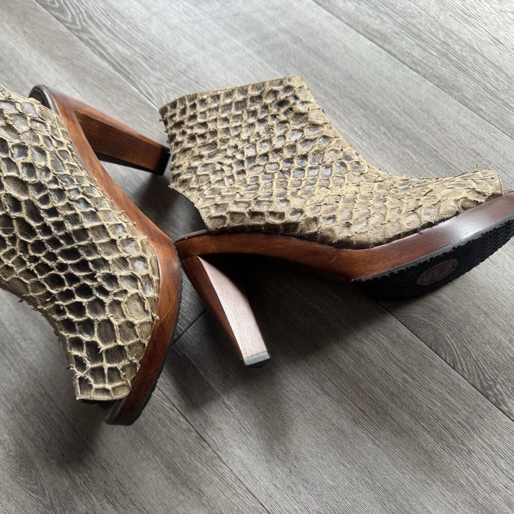 Salpy Artisan Snakeskin Leather Hand Made Wood Heel Open Toe Boots Sz 7 Brown - Picture 11 of 16